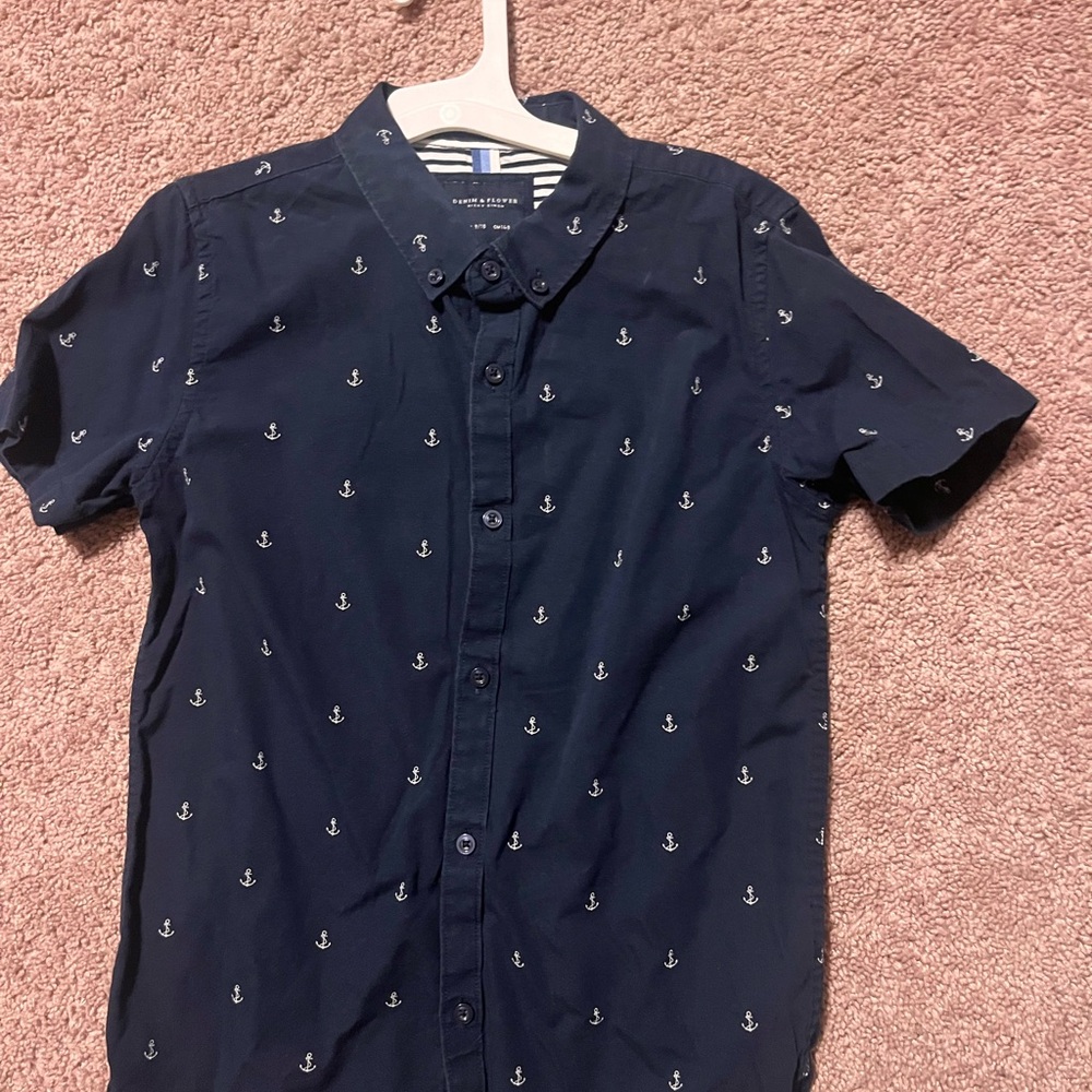 Navy Blue Short-Sleeve Anchor Button-Down Shirt